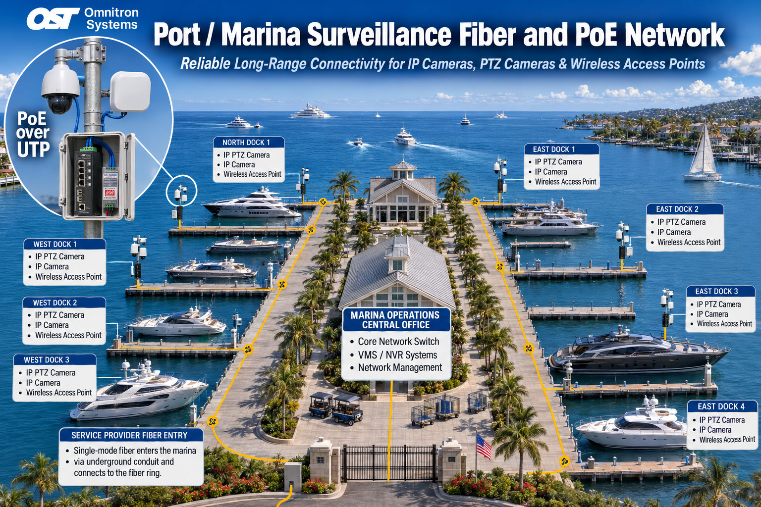 Port Marina Fiber and PoE Surveillance Network Application